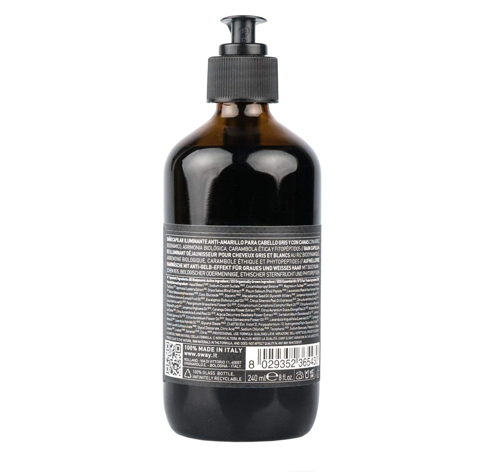 OWAY Silver Steel Hair Bath Shampoo pour demonstrates easy application and gentle wash.
