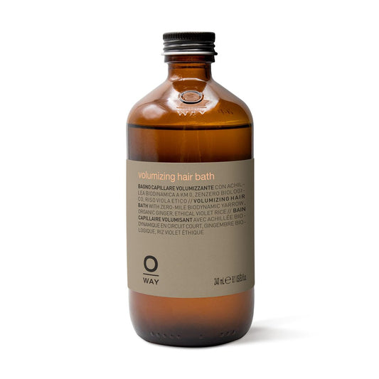 OWAY volumizing hair bath bottle demonstrates lift and body for fine hair