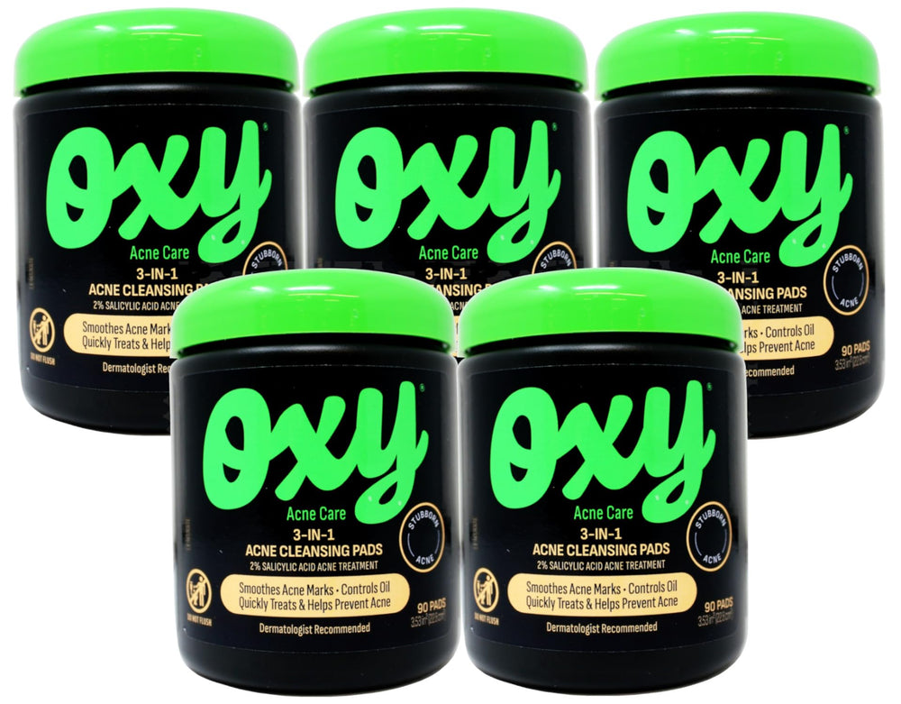 Oxy Acne Care 3-in-1 cleansing pads packaging shows convenient daily acne care.