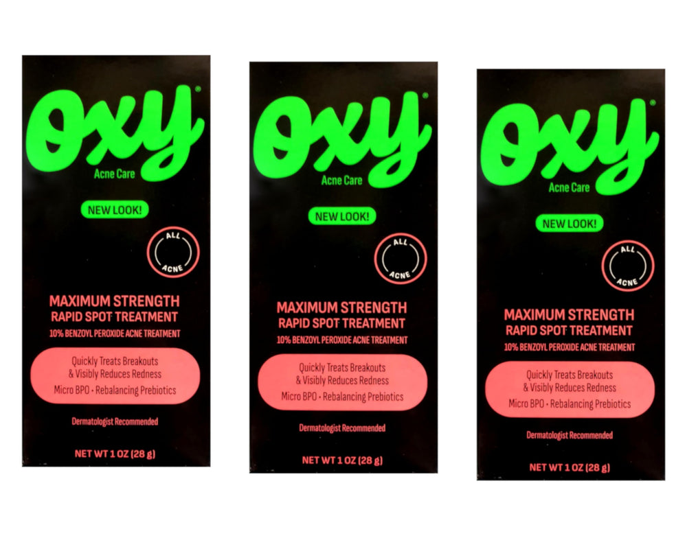 OXY Maximum Action Spot Treatment ingredients-label close-up informs oil-free formula