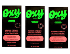 OXY Maximum Action Spot Treatment ingredients-label close-up informs oil-free formula