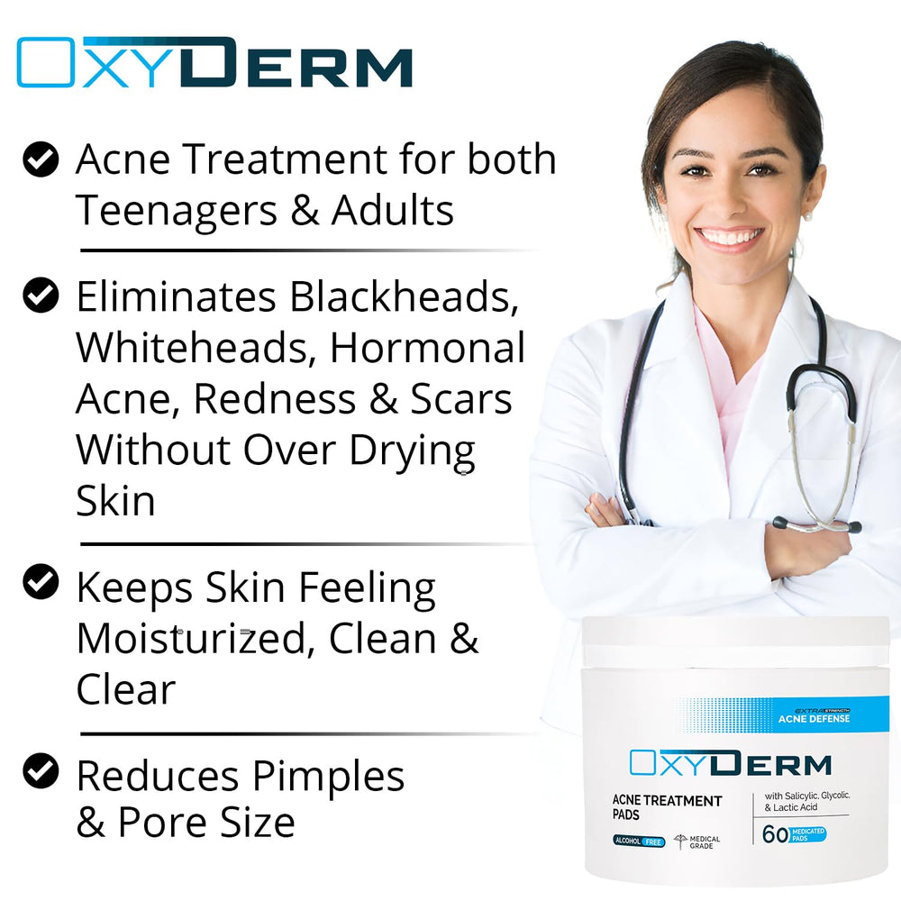OxyDerm Acne Treatment Pads pack back view highlighting usage instructions.