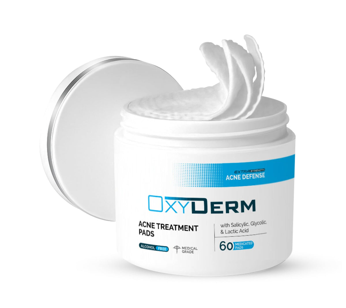 OxyDerm Acne Treatment Pads pack front view for clear pores and fresh skin.