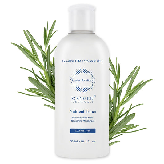 OxygenCeuticals Nutrient Toner bottle closeup highlighting hydrating essence for dry skin