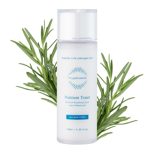 OxygenCeuticals Nutrient Toner bottle front view highlights silky essence texture for hydration.