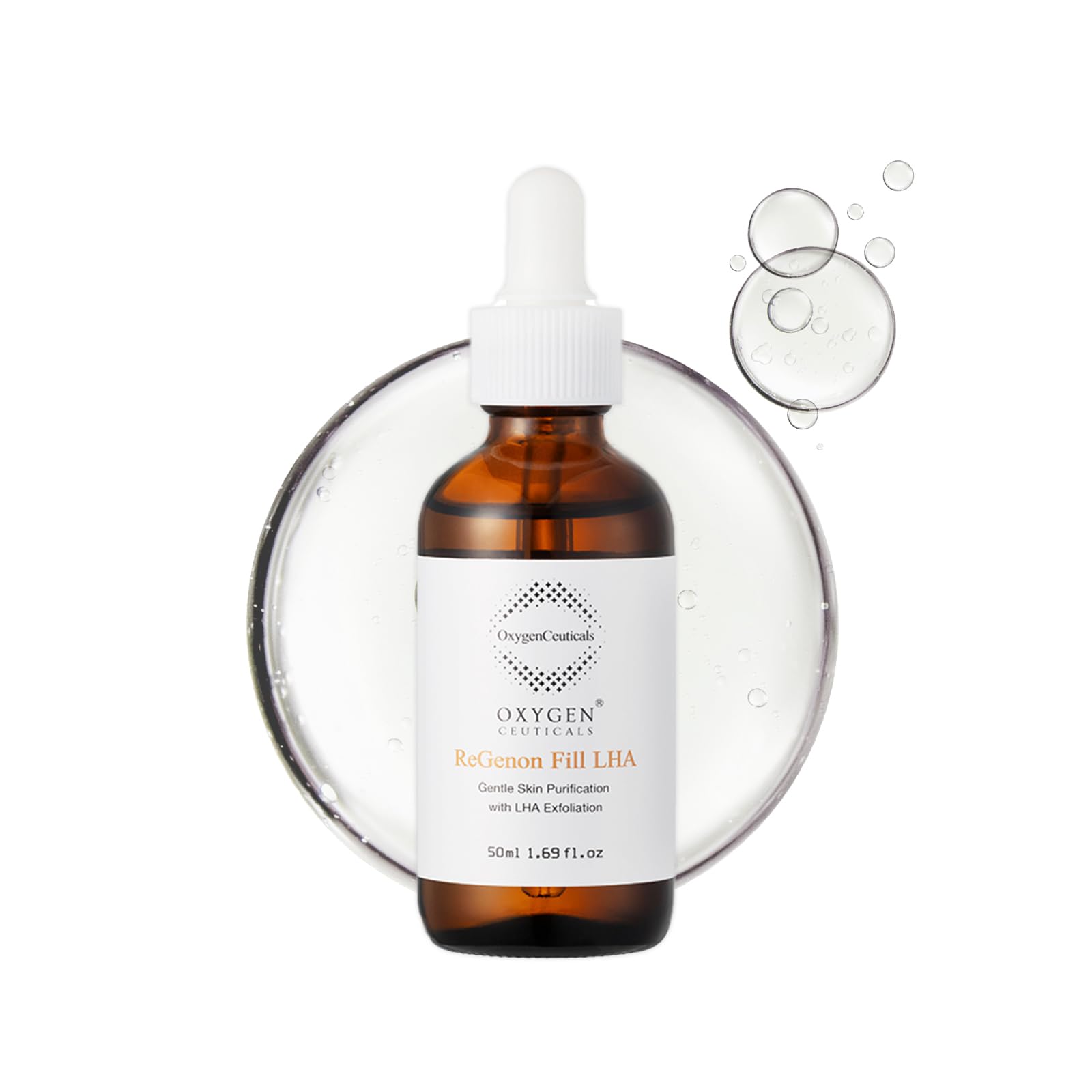 OxygenCeuticals ReGenon Fill LHA bottle closeup highlights gentle exfoliation potential.