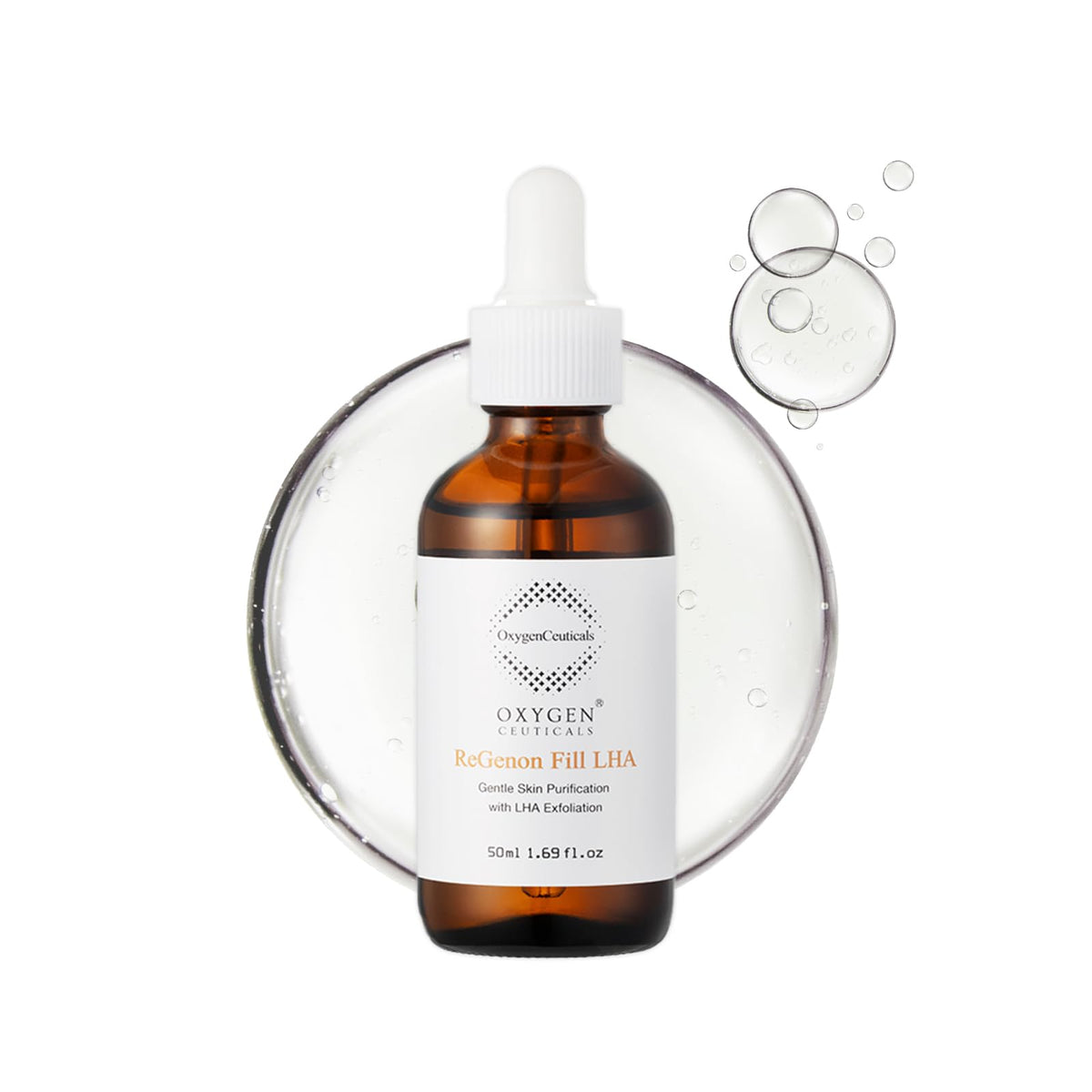 OxygenCeuticals ReGenon Fill LHA bottle closeup highlights gentle exfoliation potential.
