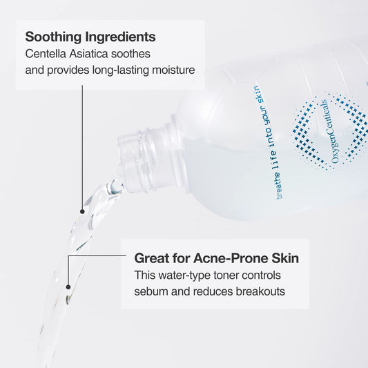 OxygenCeuticals Skin Balancing Toner pours onto a cotton pad for even application.