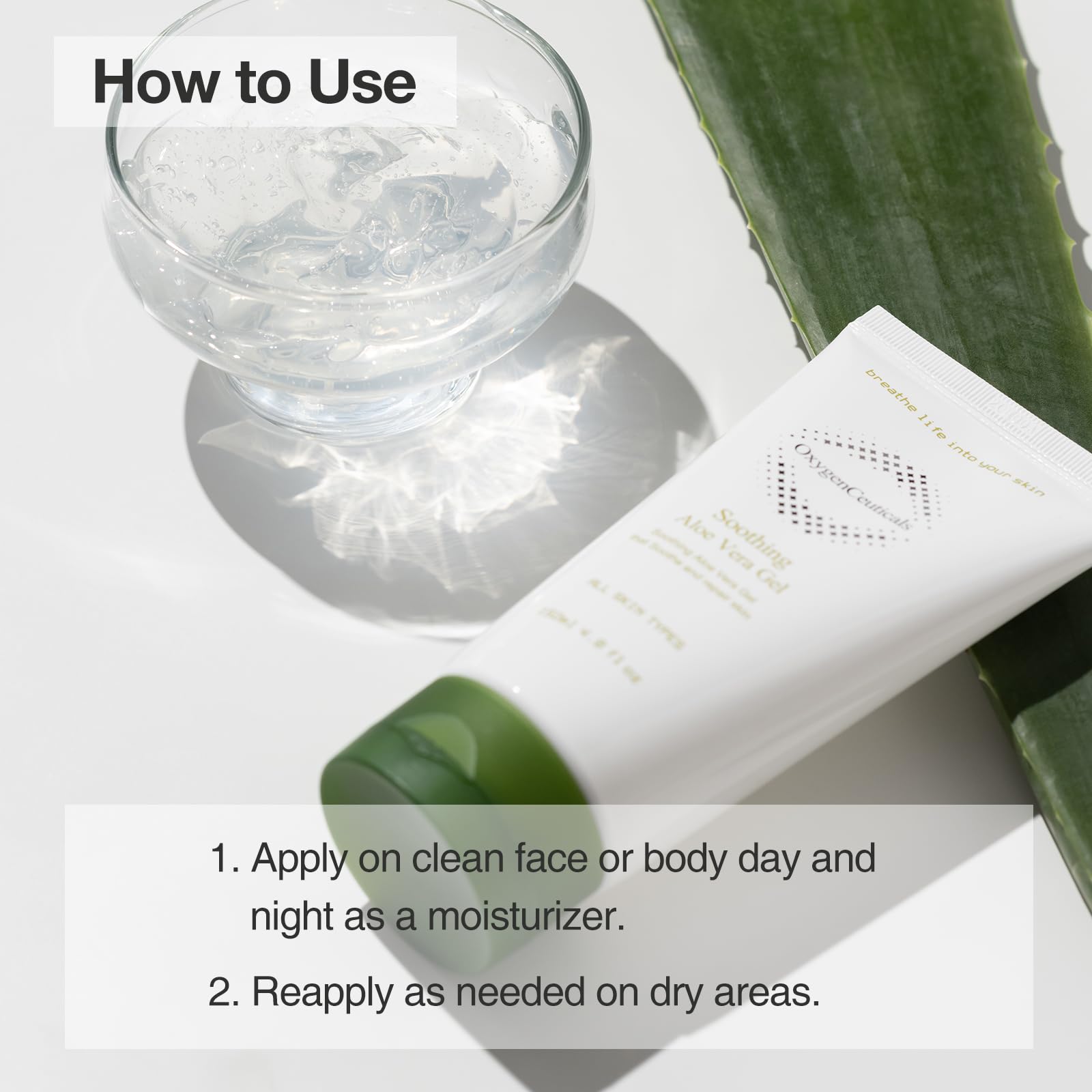 OxygenCeuticals gel applied as a calming body mask for refreshing skin.