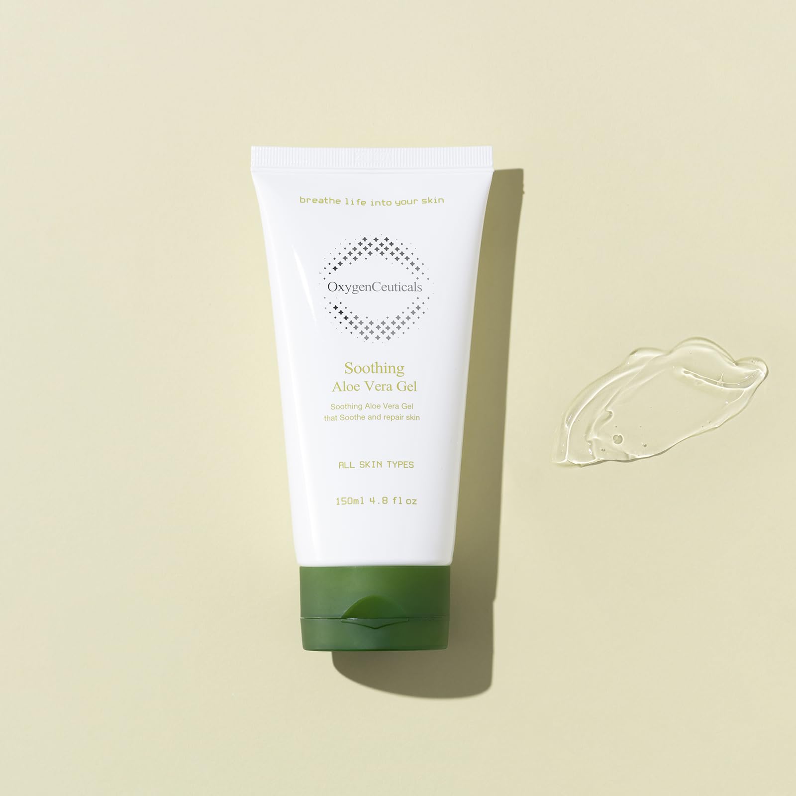 OxygenCeuticals soothing aloe vera gel on skin demonstrates fast absorption and comfort.