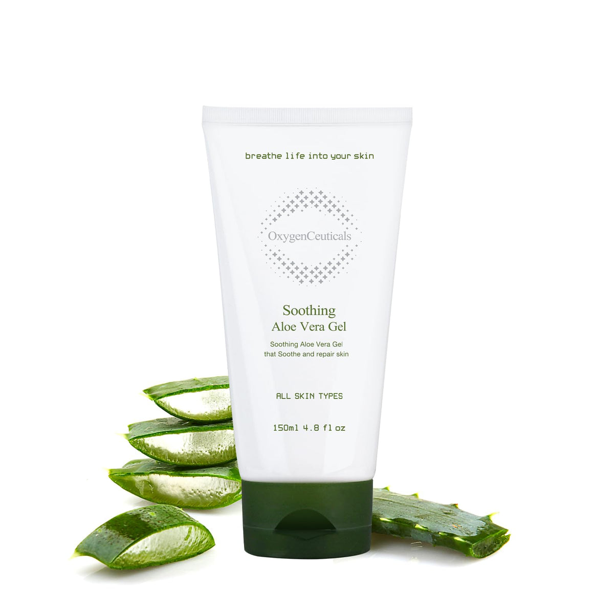 OxygenCeuticals soothing aloe vera gel bottle close-up for cooling hydration.