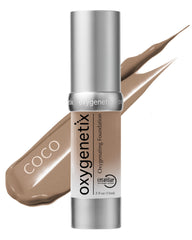 Oxygenetix Coco foundation bottle pump for breathable, hygienic coverage.