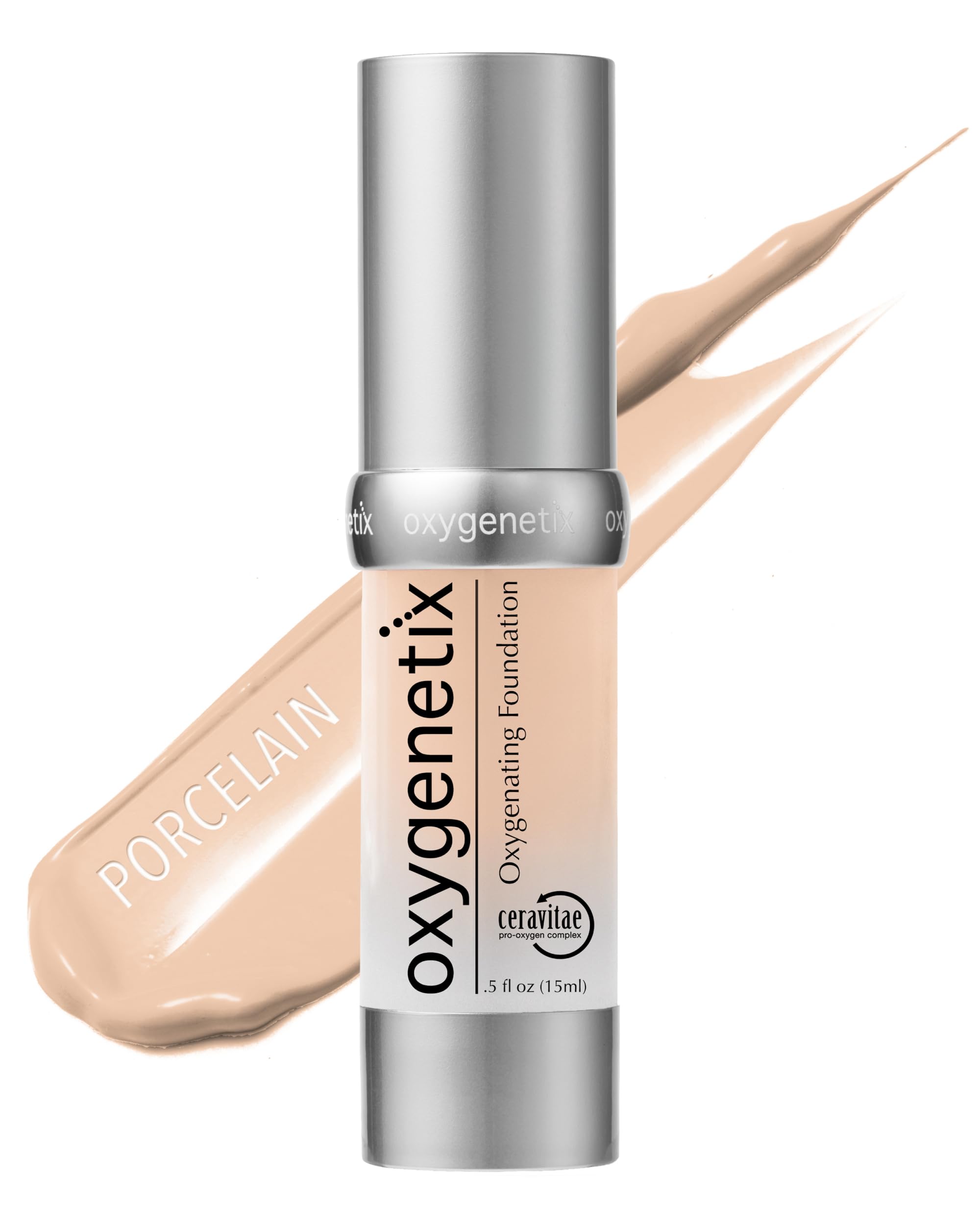 Oxygenetix Oxygenating Foundation Porcelain bottle pump demonstrates hygienic airless packaging for clean application.