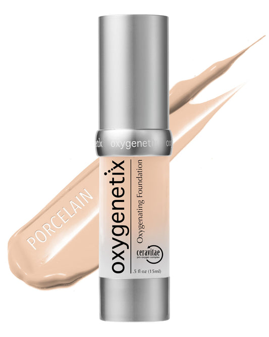 Oxygenetix Oxygenating Foundation Porcelain bottle pump demonstrates hygienic airless packaging for clean application.