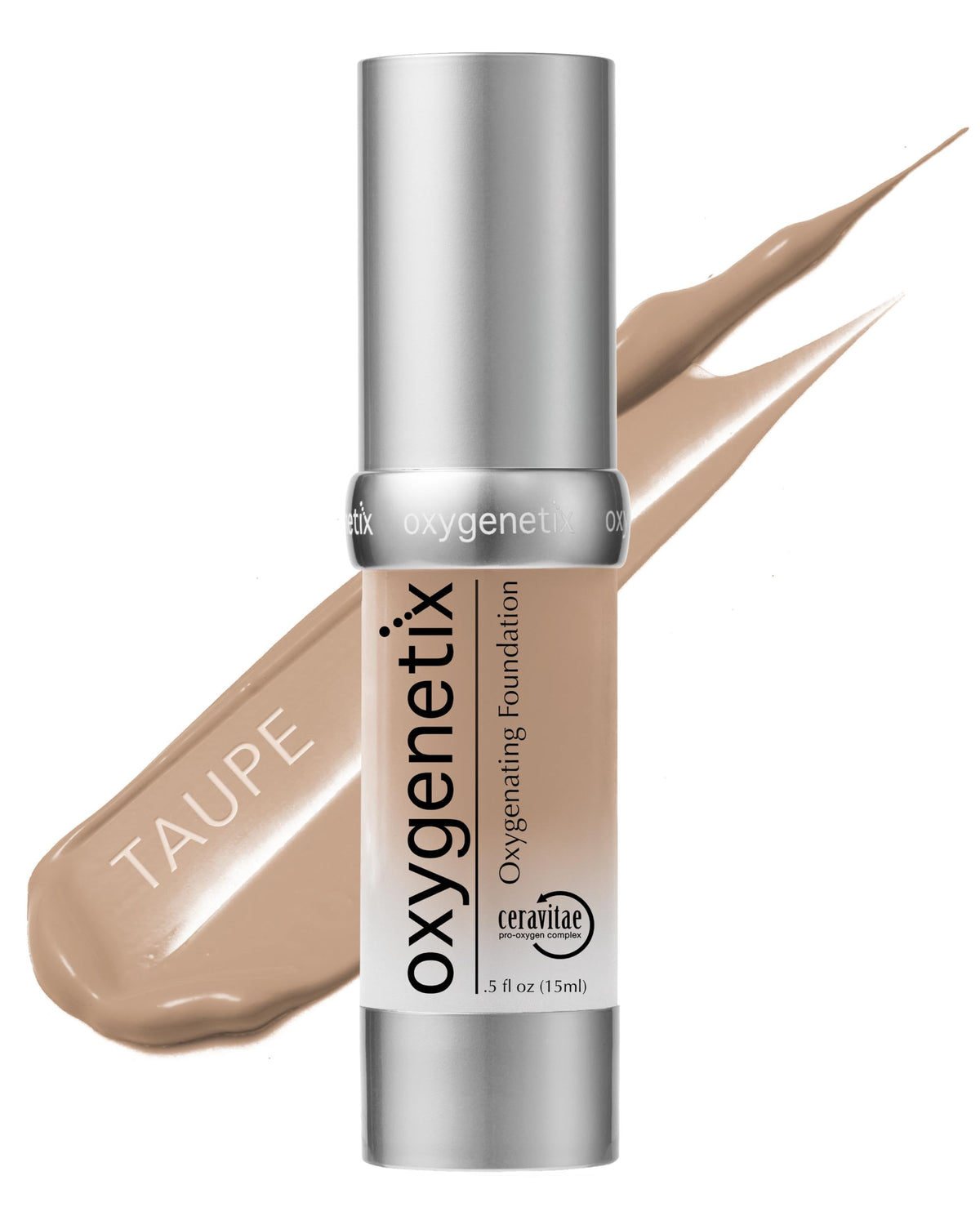 Oxygenetix Oxygenating Foundation Taupe bottle showing breathable coverage for sensitive skin.