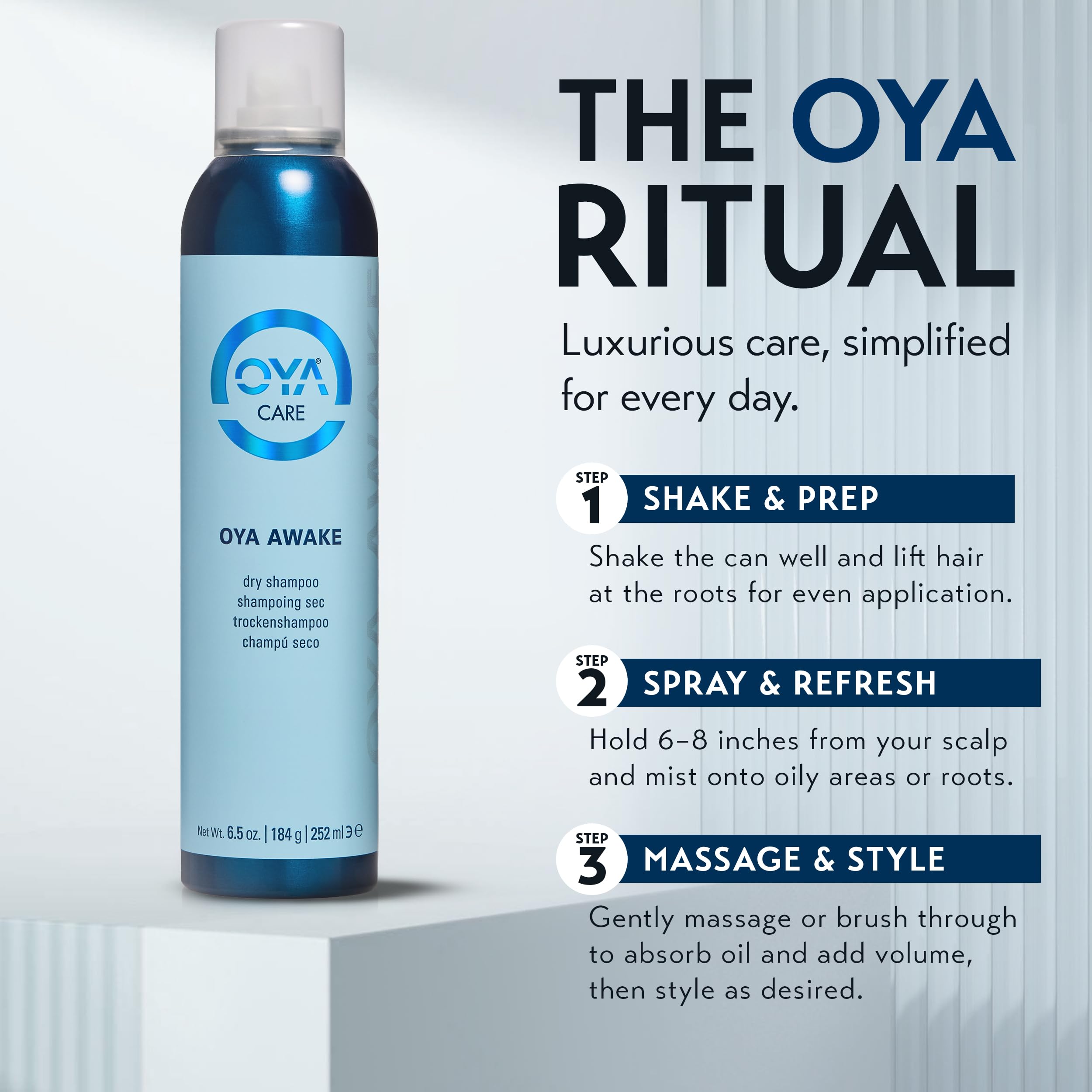 Compact 250ml bottle fits into carry-on and vanity.