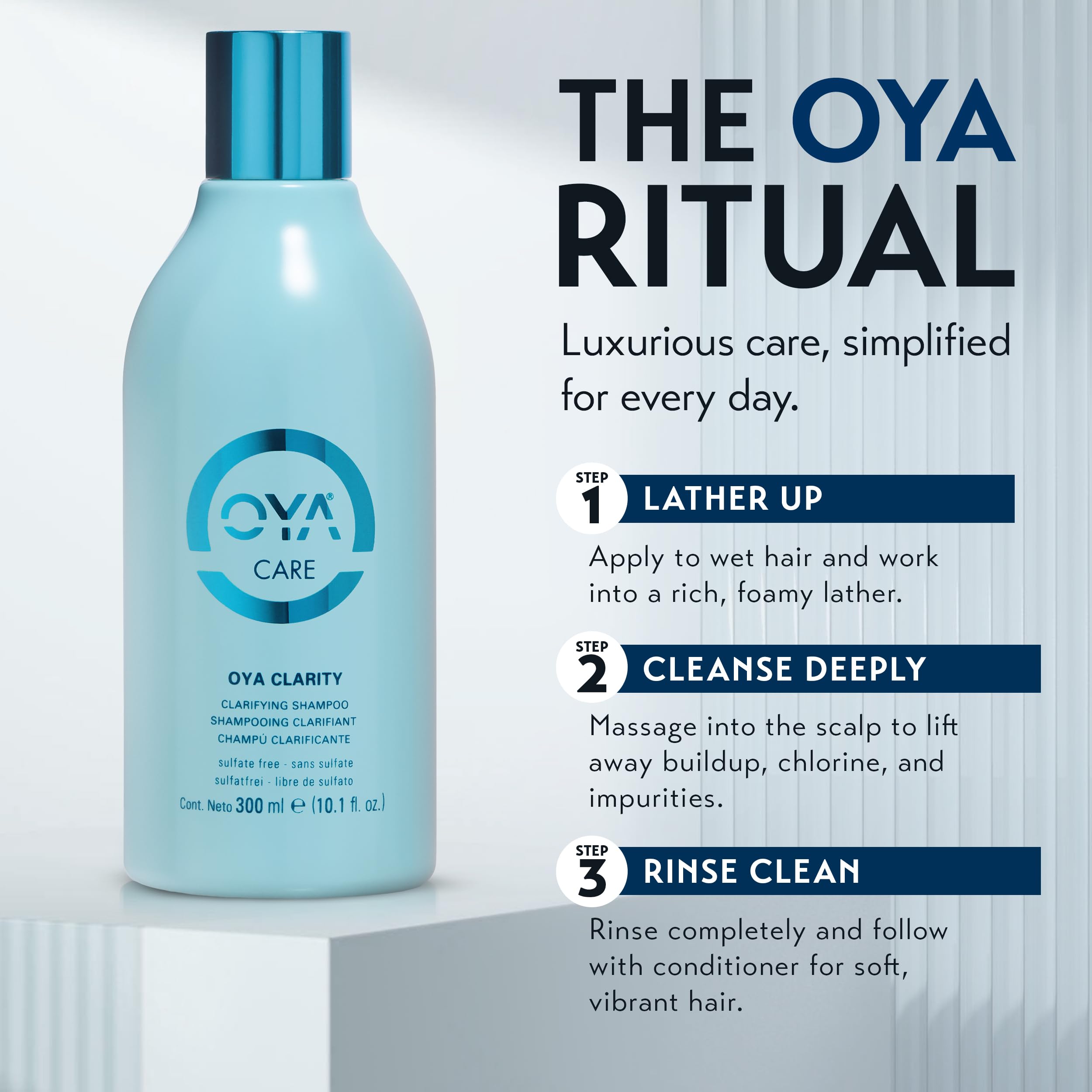 OYA Clarity 300ml bottle on bathroom shelf for everyday detox.