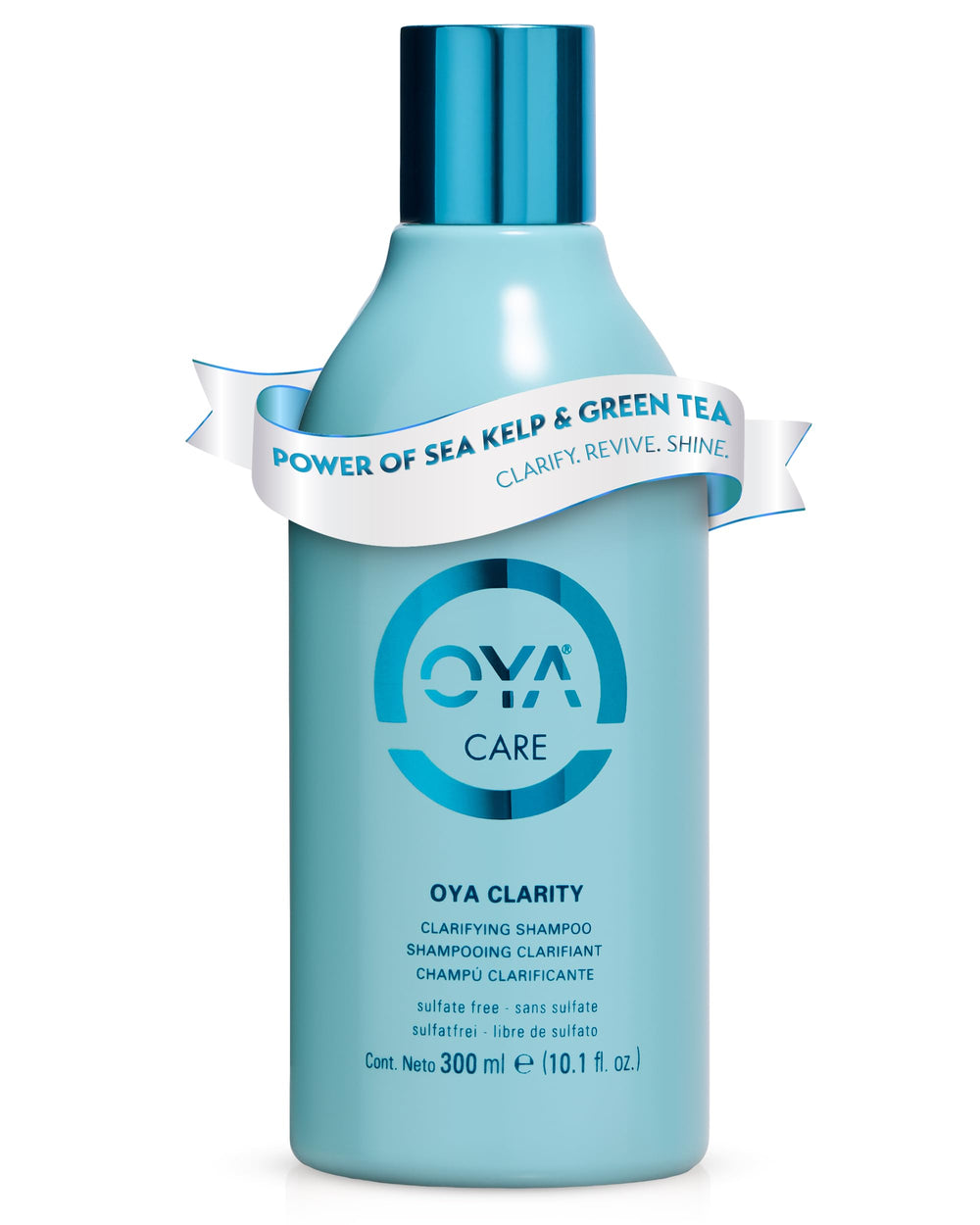 OYA Clarity bottle pours, highlighting sulfate-free cleansing.