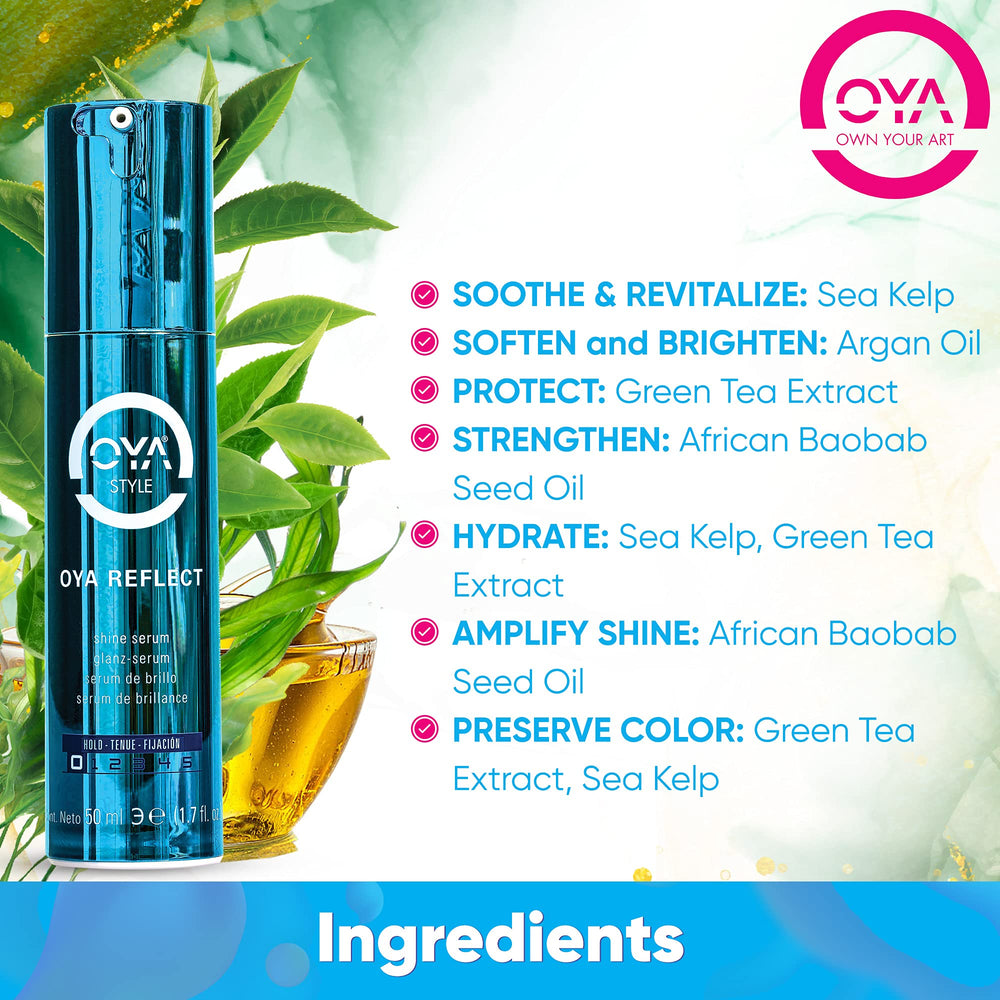 OYA Reflect serum on hair reveals silky texture and radiant shine.