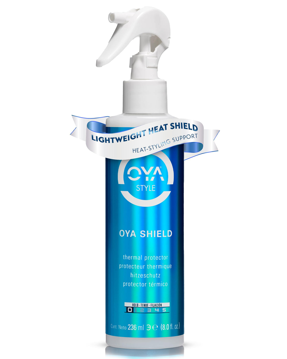 OYA Shield bottle releasing a fine mist for styling protection.