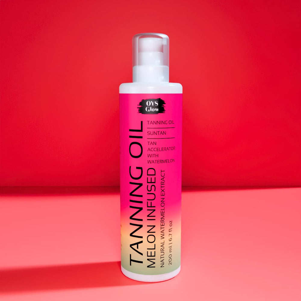 OYS GLOW Watermelon Tanning Oil bottle with pump for easy, even coverage