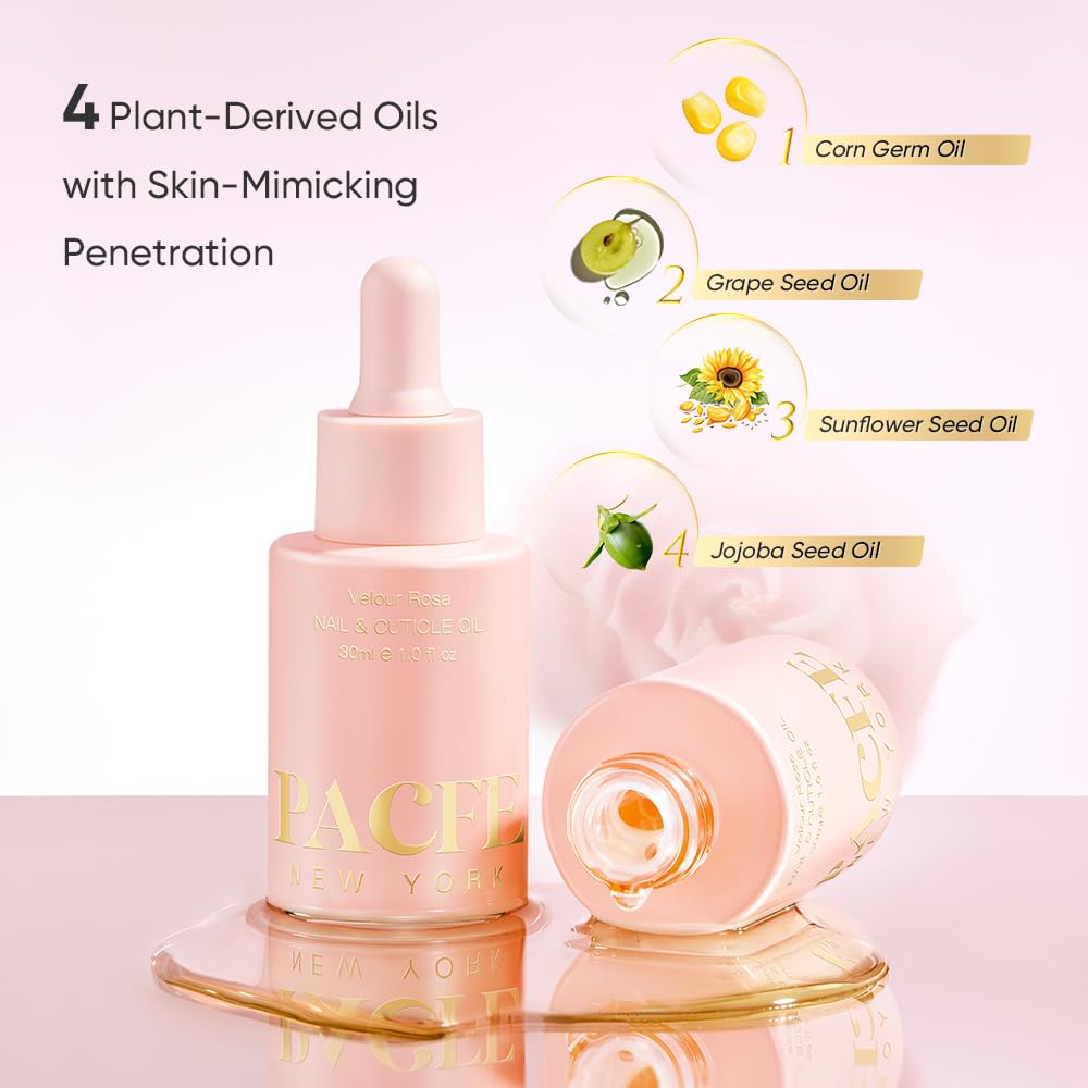 Pacfe cuticle oil ingredients rose oil and jojoba, softening cuticles with lightweight absorption.