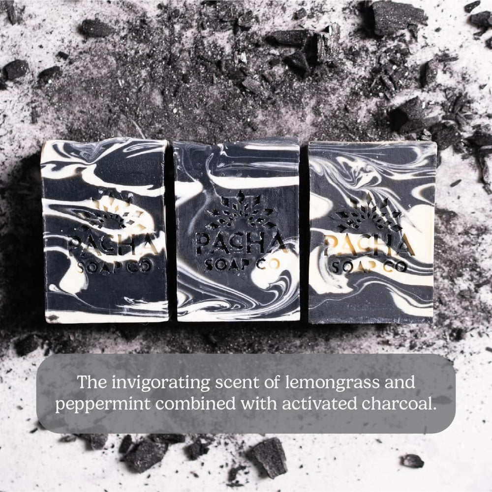 Pacha Soap Co activated-charcoal bar for deeper cleansing feel.