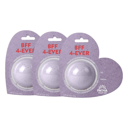 Pacha Soap Co BFF 4-Ever heart bath bomb card with lavender close-up for soothing soak.