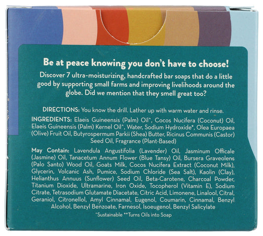 Calm Peaces packaging from Pacha Soap Co, highlighting size and ethics.