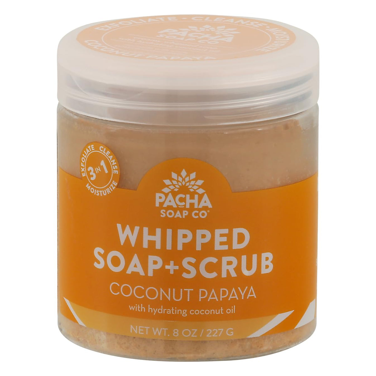 Pacha Soap Co coconut papaya whipped soap scrub jar for exfoliation and hydration.