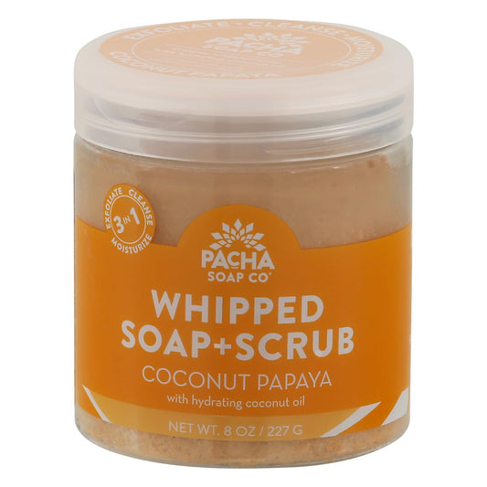Pacha Soap Co coconut papaya whipped soap scrub jar for exfoliation and hydration.