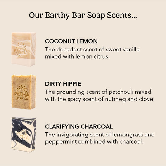 Pacha Soap Co. Earthy Clean Dirty Hippie bar with patchouli aroma for refreshing wash.