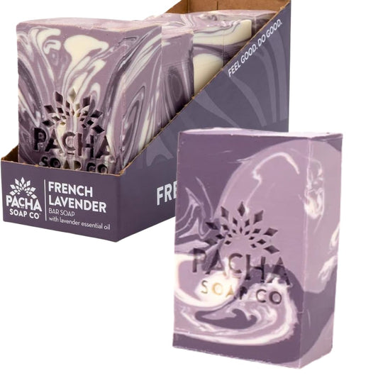 Pacha Soap Co. French Lavender bar soap closeup lather for calming cleansing.