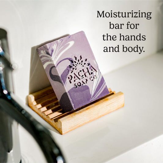 Pacha Soap Co. French Lavender bar soap packaging highlighting gift-ready self-care option.