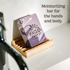 Pacha Soap Co. French Lavender bar soap packaging highlighting gift-ready self-care option.