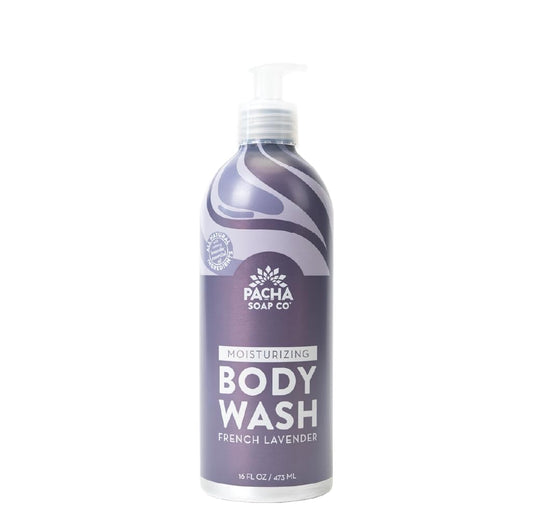 Pacha Soap Co French Lavender Body Wash bottle for a calming shower ritual.