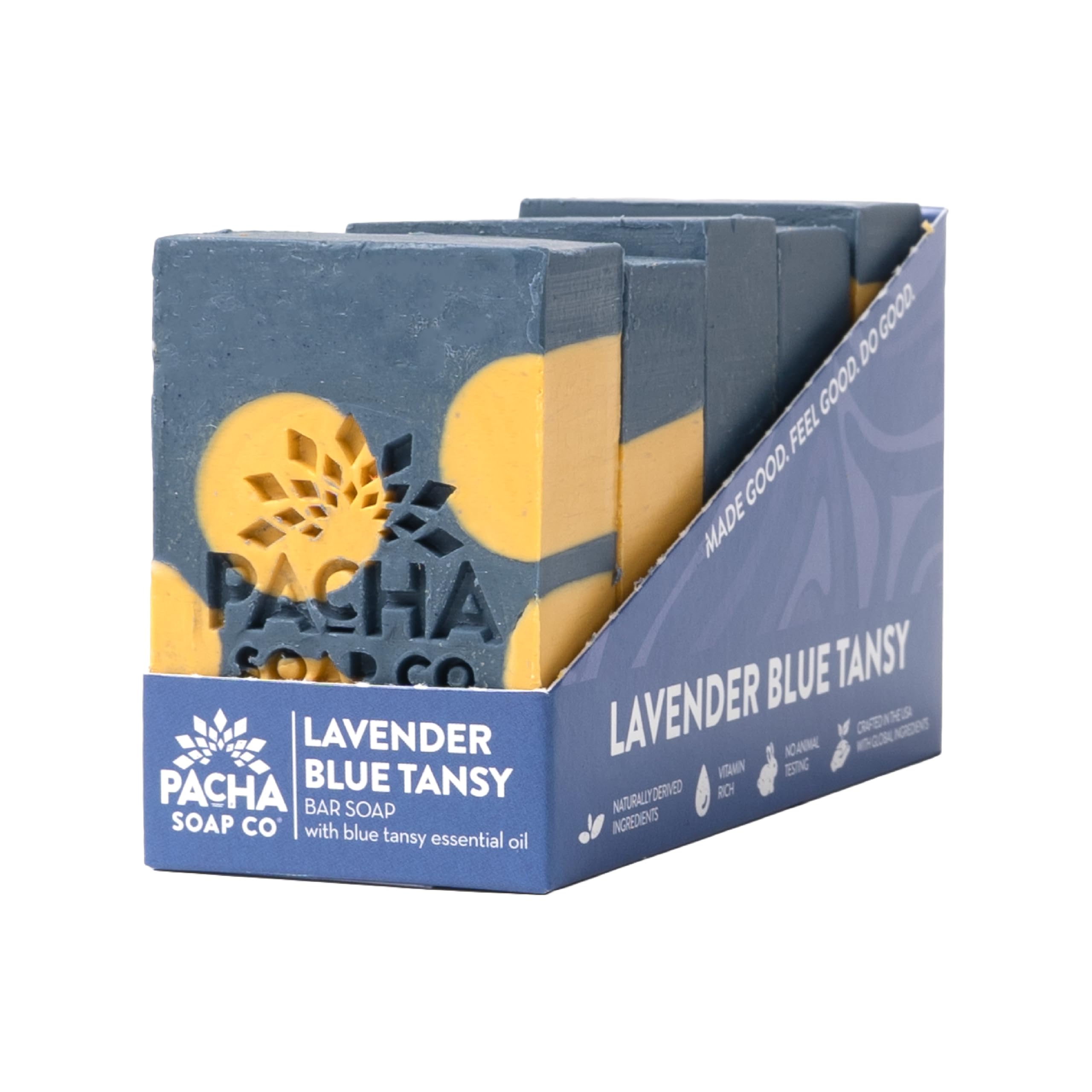 Pacha Soap Co. Lavender and Blue Tansy bar soap showcases lavender-blue-tansy for a calming daily cleanse.