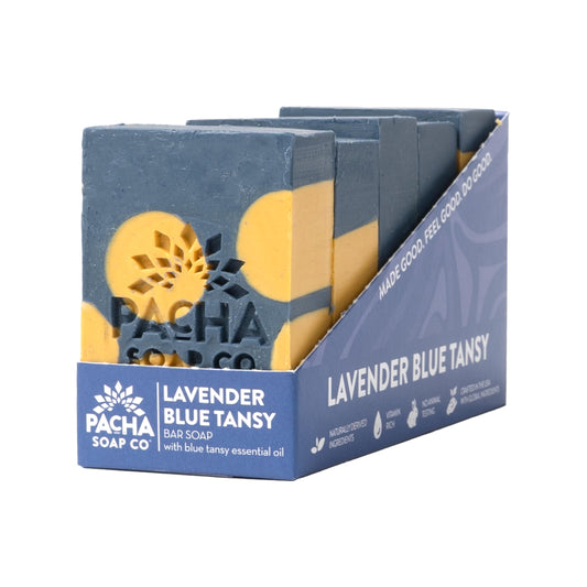 Pacha Soap Co. Lavender and Blue Tansy bar soap showcases lavender-blue-tansy for a calming daily cleanse.