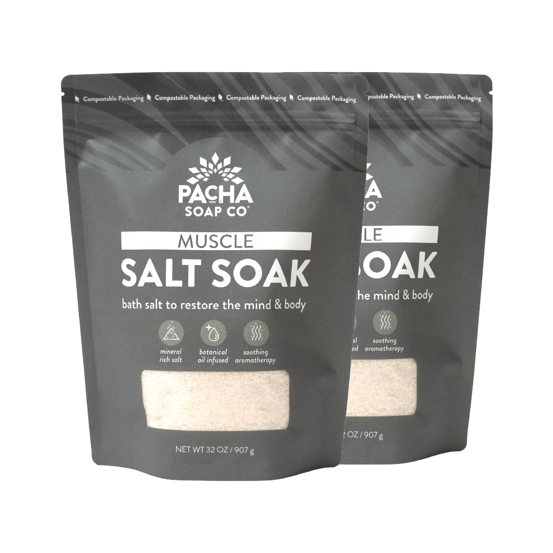 Pacha Soap Co Muscle Salt Bath Soak with Arnica bottle aiding post-workout recovery