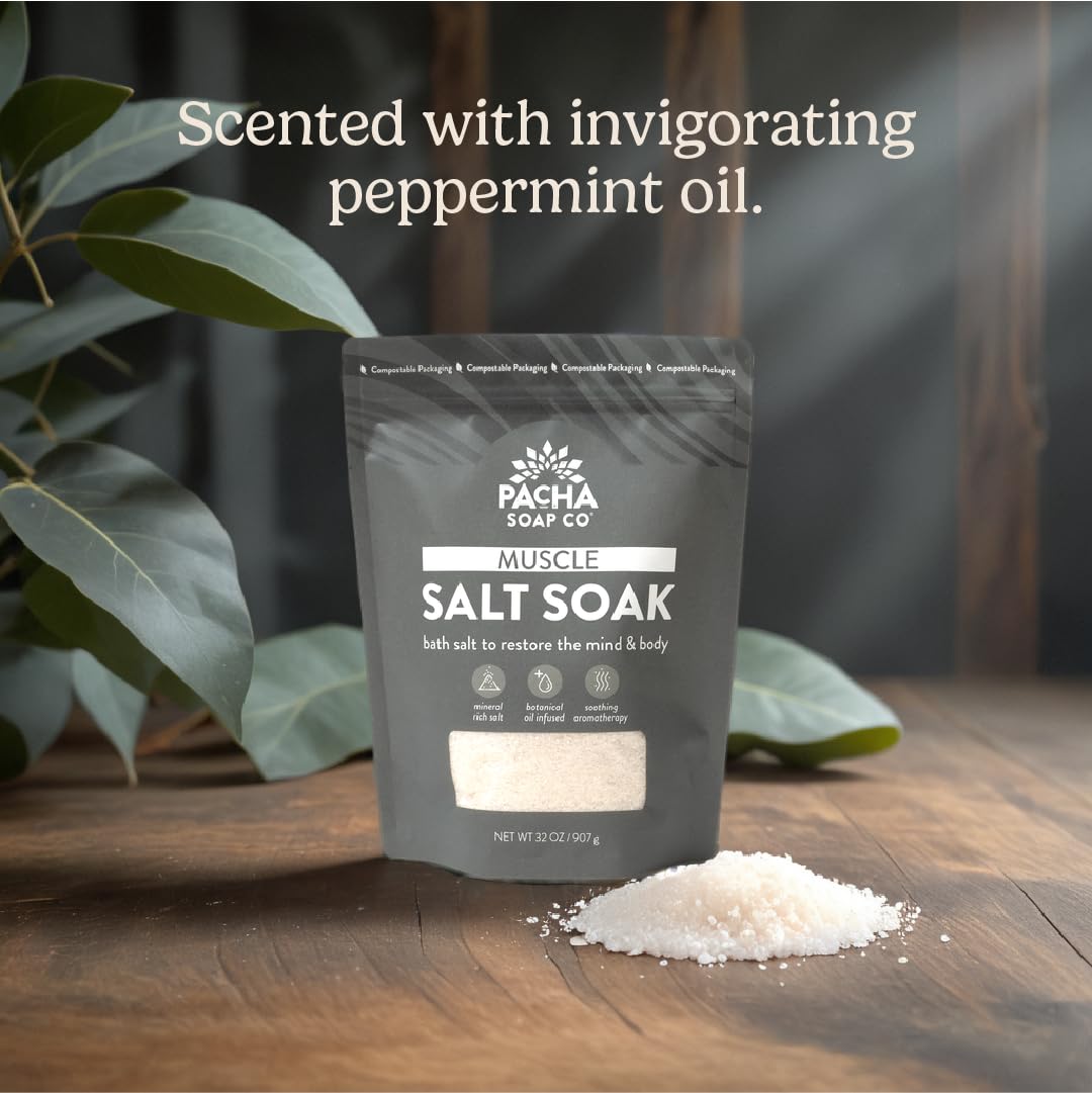 Pacha Soap Co Muscle Salt Bath Soak with Peppermint bottle for refreshing relaxation
