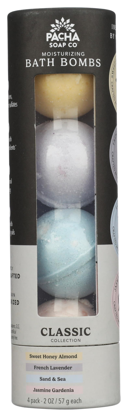 Pacha Soap Co Pacha Peaces Froth Bomb Variety Pack packaging shows vibrant labels for gifting.