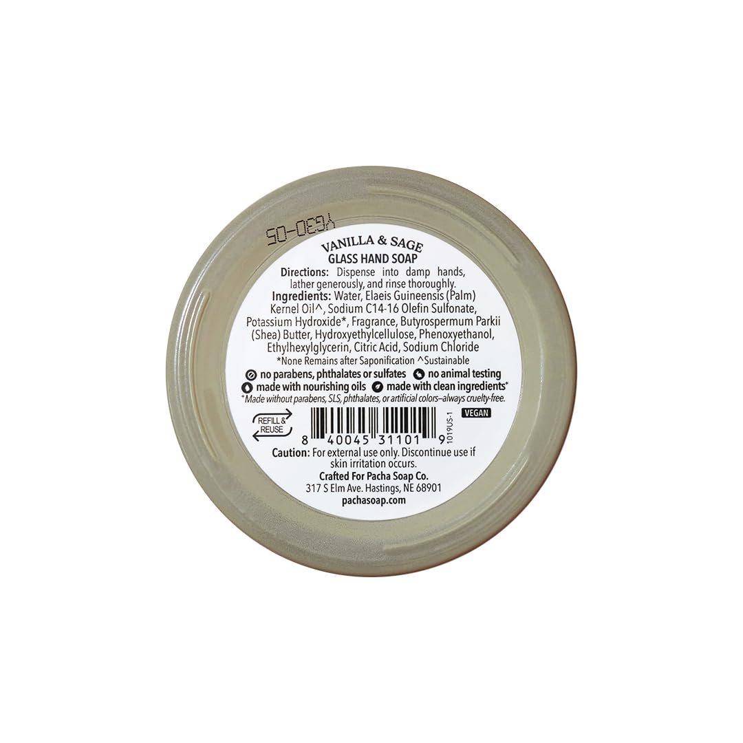 Close-up of Vanilla & Sage label on Pacha Soap Co bottle