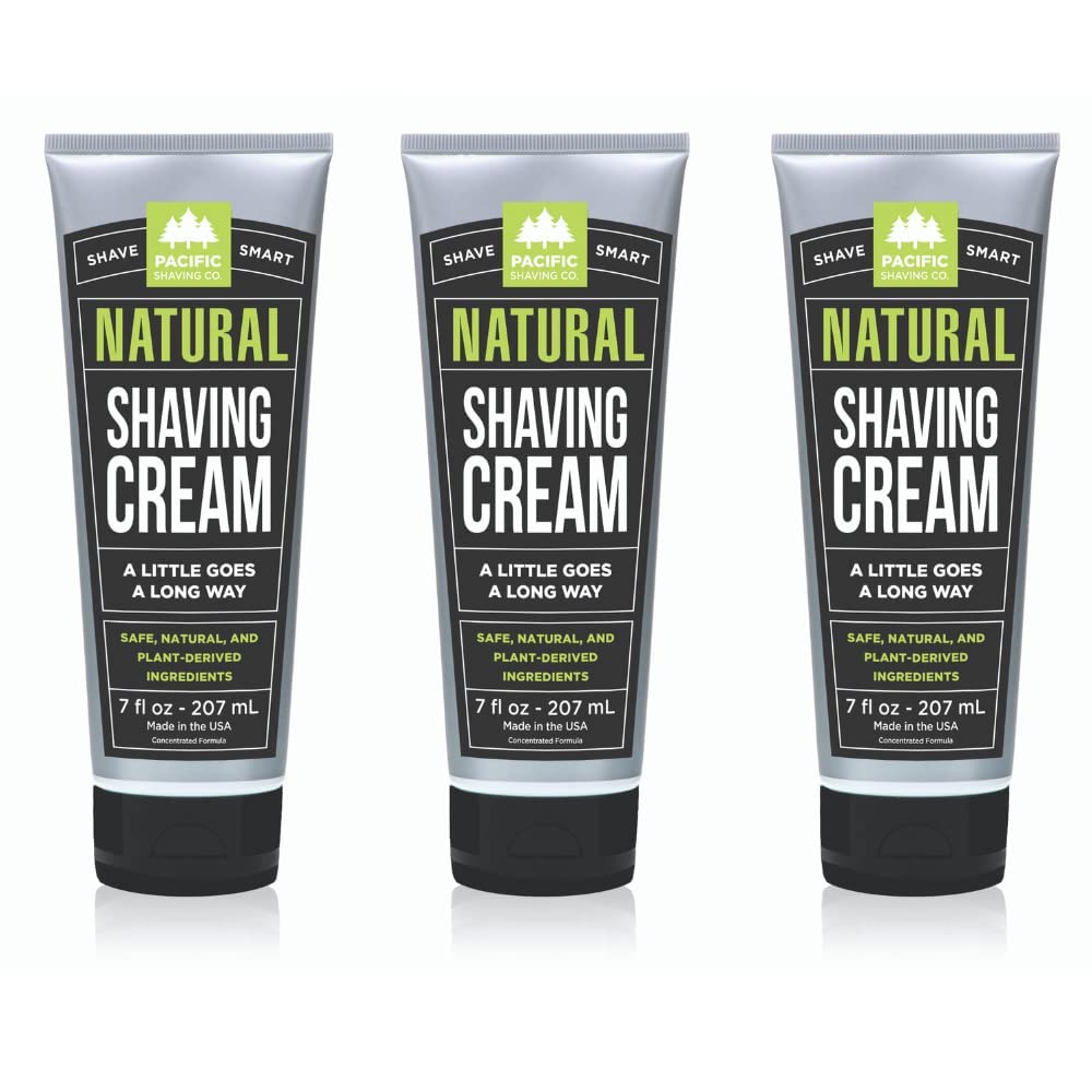 Pacific Shaving Company natural shaving cream jar showing a rich, hydrating lather for sensitive skin.