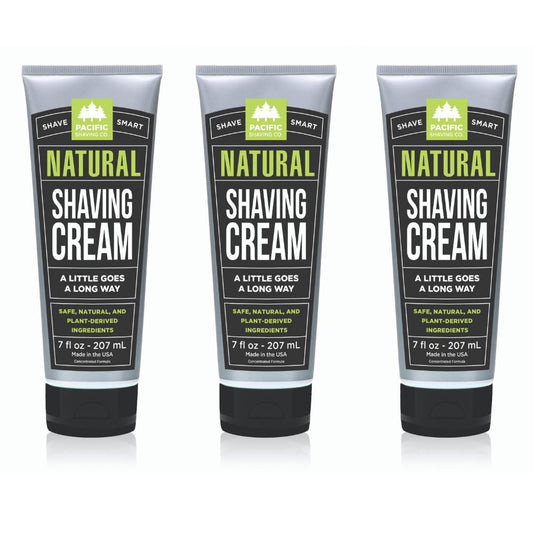 Pacific Shaving Company natural shaving cream jar showing a rich, hydrating lather for sensitive skin.