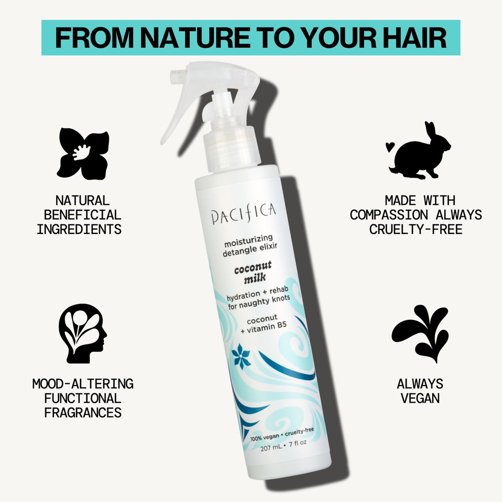 Pacifica Coconut Milk Hair Detangler Kids-safe design suggests gentle detangling for all ages.