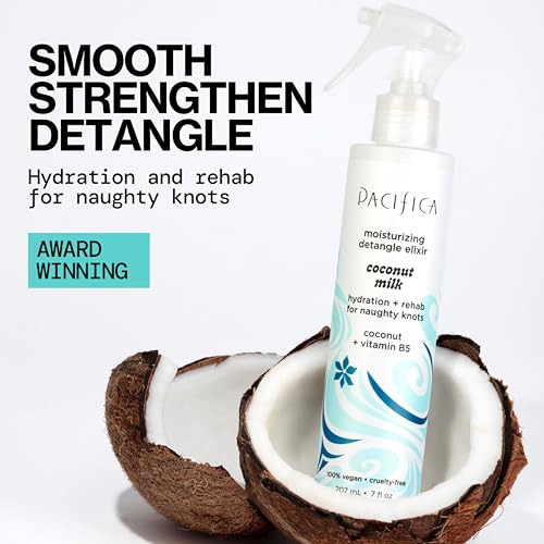 Pacifica Coconut Milk Hair Detangler Mist Spray illustrating easy application for knot-free hair.