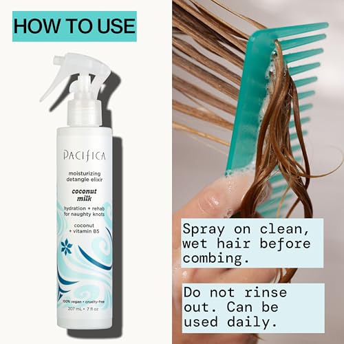 Pacifica Coconut Milk Hair Detangler Nozzle close-up highlights precise spray for controlled use.