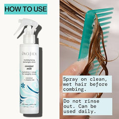 Pacifica Coconut Milk Hair Detangler Nozzle close-up highlights precise spray for controlled use.
