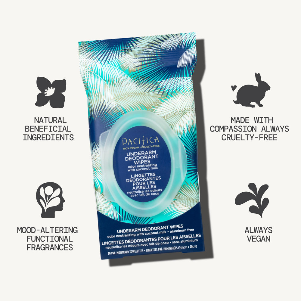 Pacifica coconut milk underarm wipes aluminum-free label signals gentle care