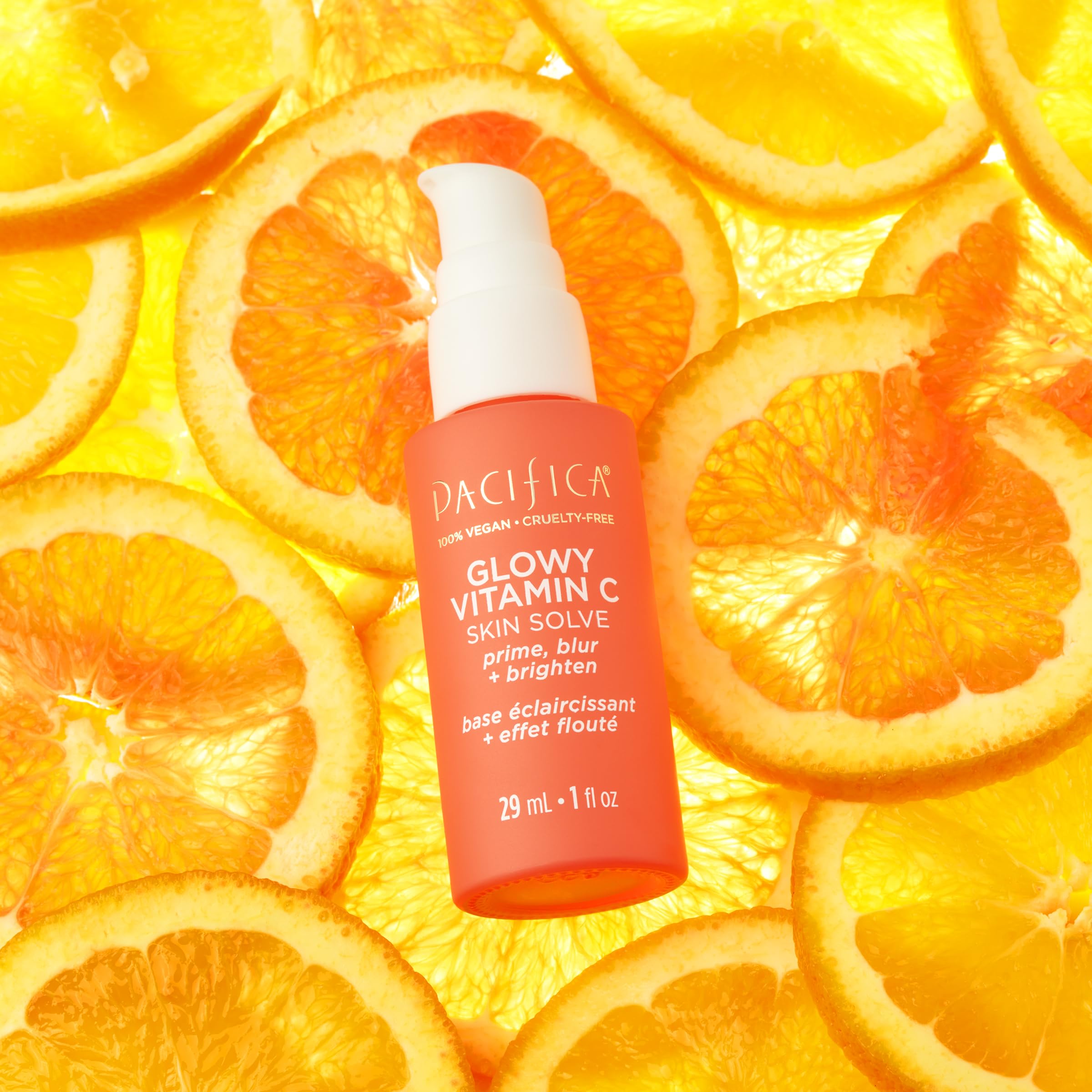 Pacifica Glowy Vitamin C Skin Solve Primer applied swatch demonstrates even tone.